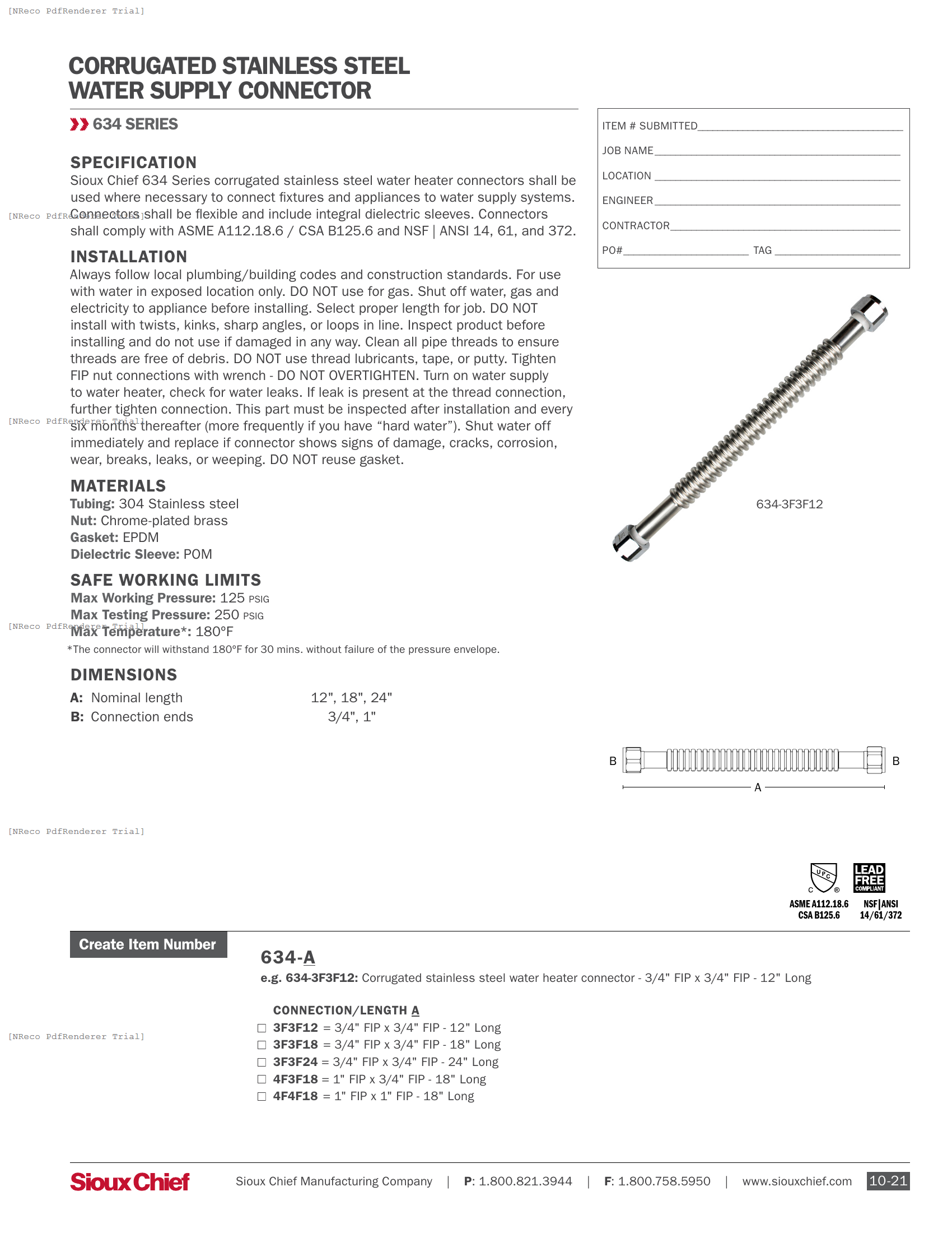 634 SERIES - CORRUGATED SS WATER SUPPLY CONNECTORS - SPEC SHEET.PDF Specification Document